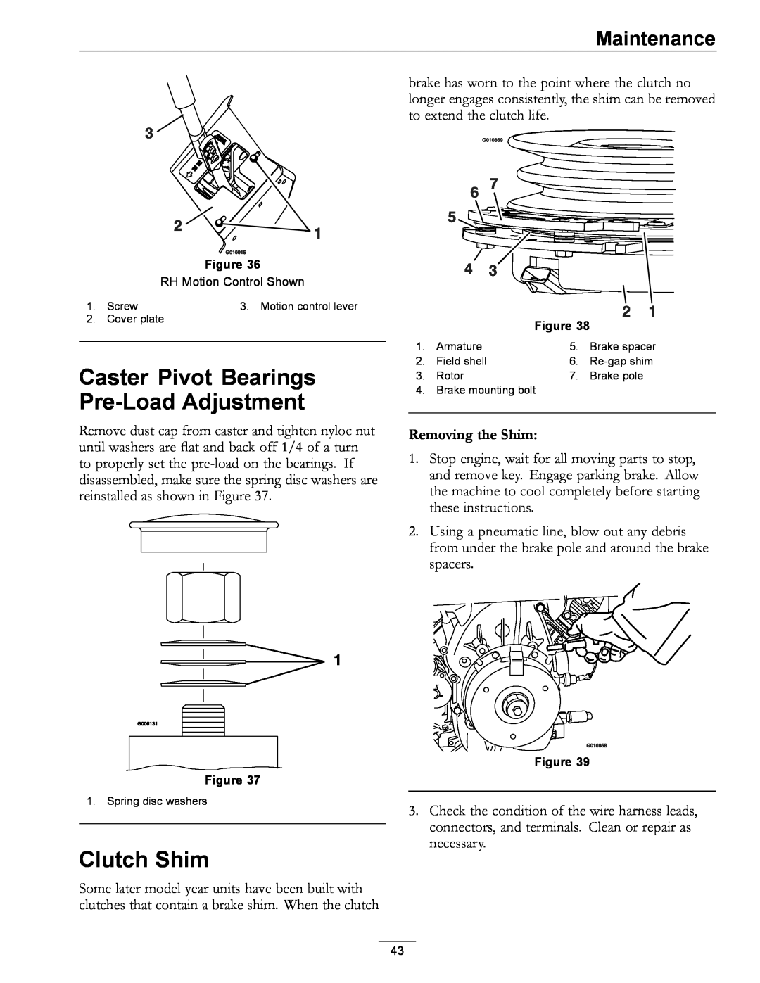 Exmark 4500-507 manual Caster Pivot Bearings Pre-Load Adjustment, Clutch Shim, Removing the Shim, Maintenance 