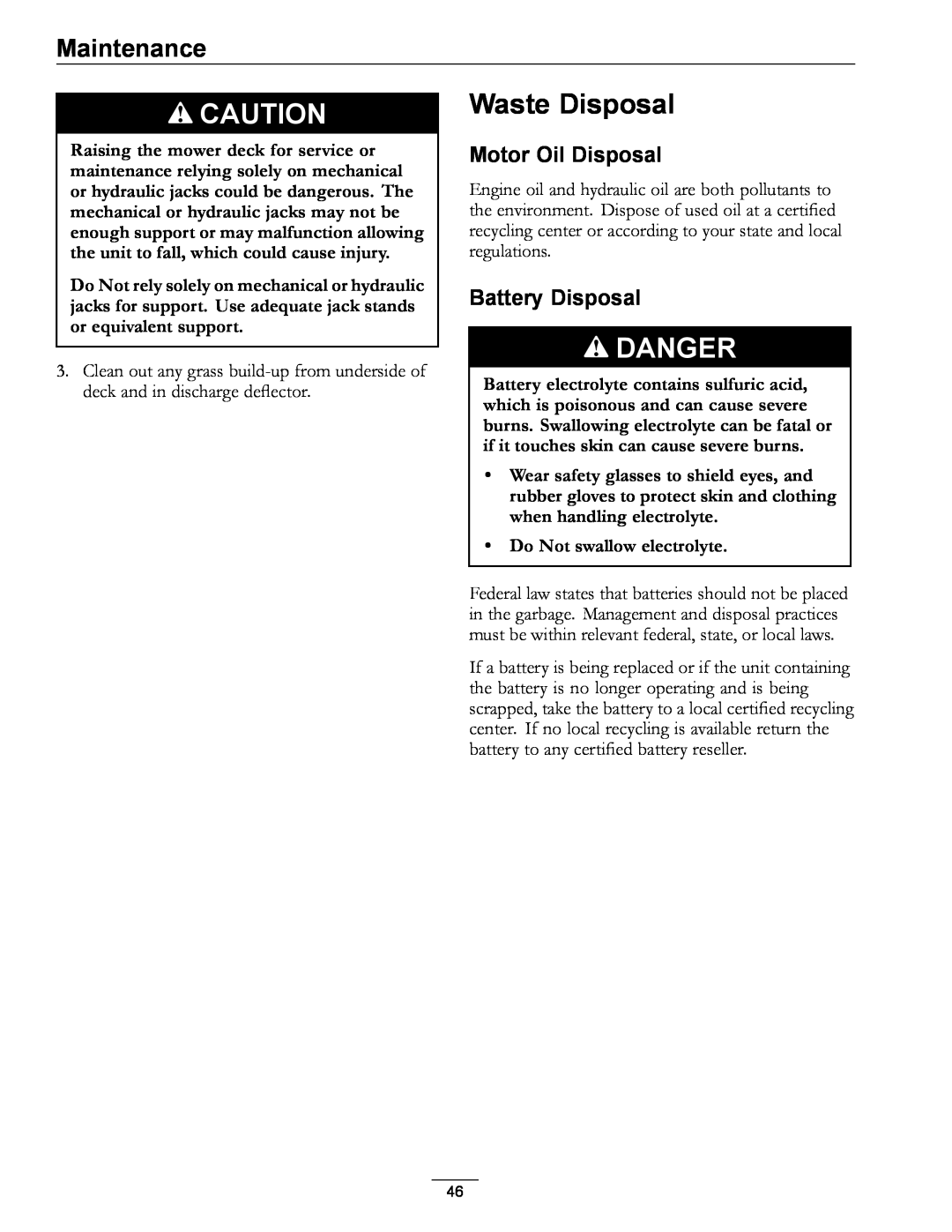 Exmark 4500-507 Waste Disposal, Motor Oil Disposal, Battery Disposal, Do Not swallow electrolyte, Danger, Maintenance 