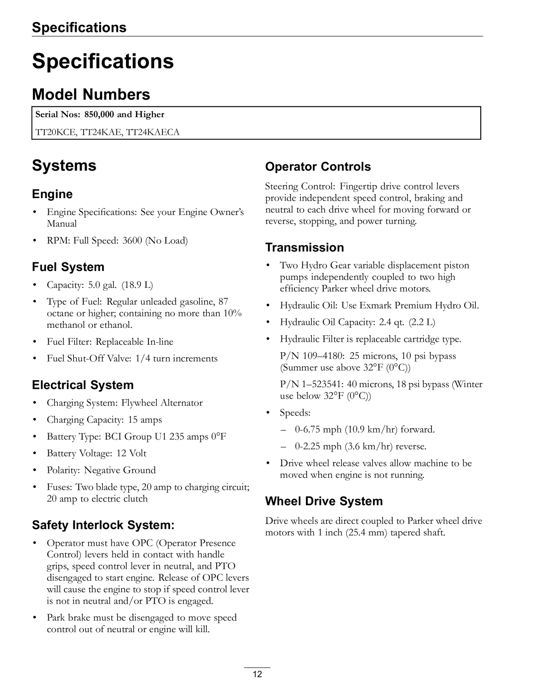 Exmark 4500-528 manual Specifications, Model Numbers, Systems 