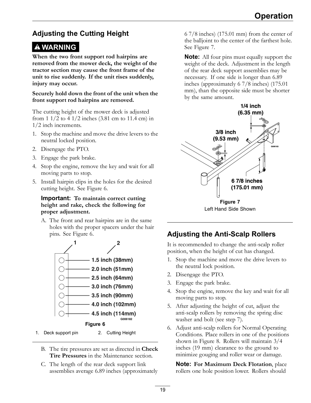 Exmark 4500-528 manual Adjusting the Cutting Height, Adjusting the Anti-Scalp Rollers 