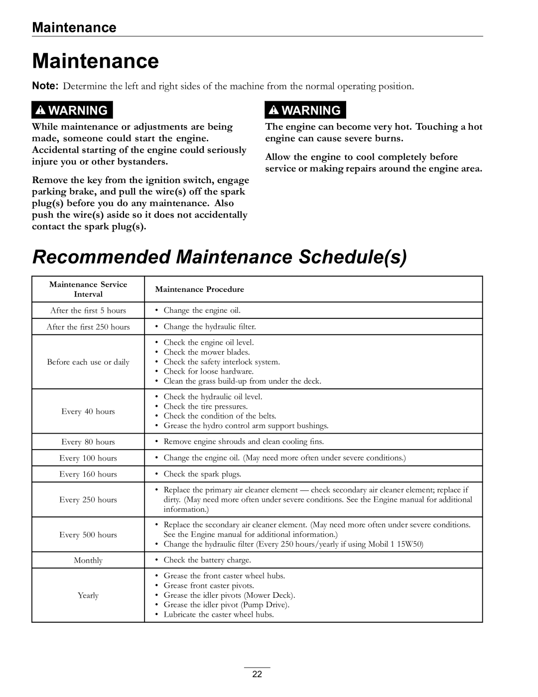 Exmark 4500-528 manual Recommended Maintenance Schedules 