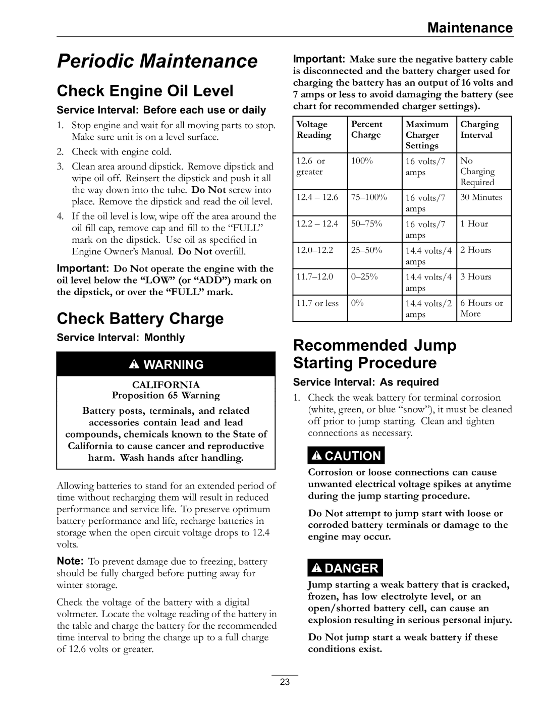 Exmark 4500-528 Check Engine Oil Level, Check Battery Charge, Recommended Jump Starting Procedure, Proposition 65 Warning 