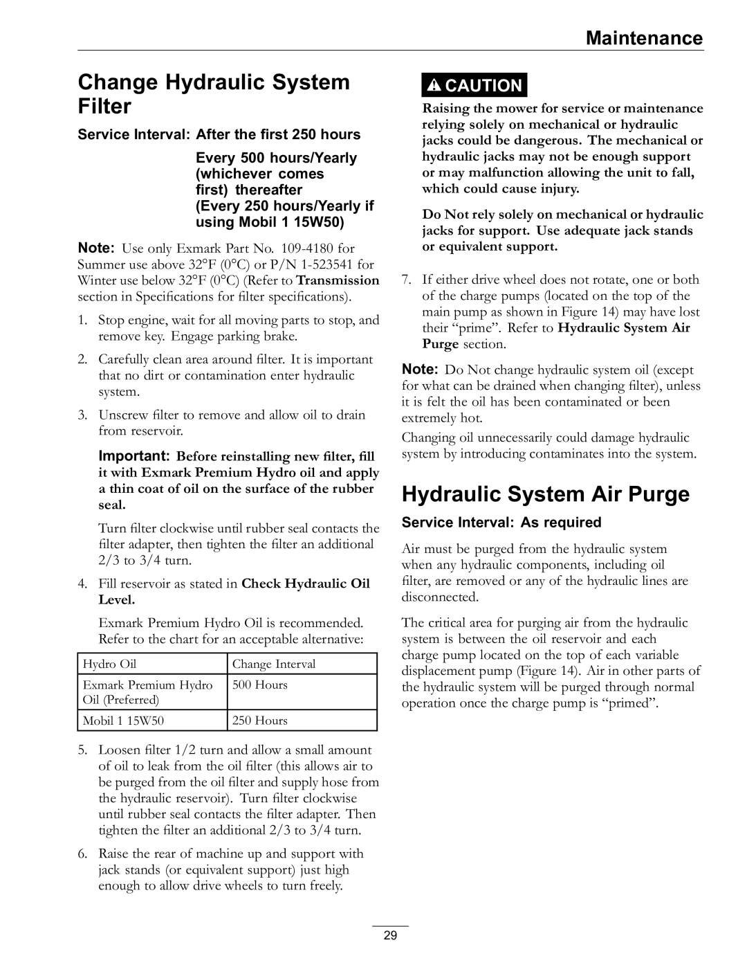 Exmark 4500-528 manual Change Hydraulic System Filter, Hydraulic System Air Purge, Level 