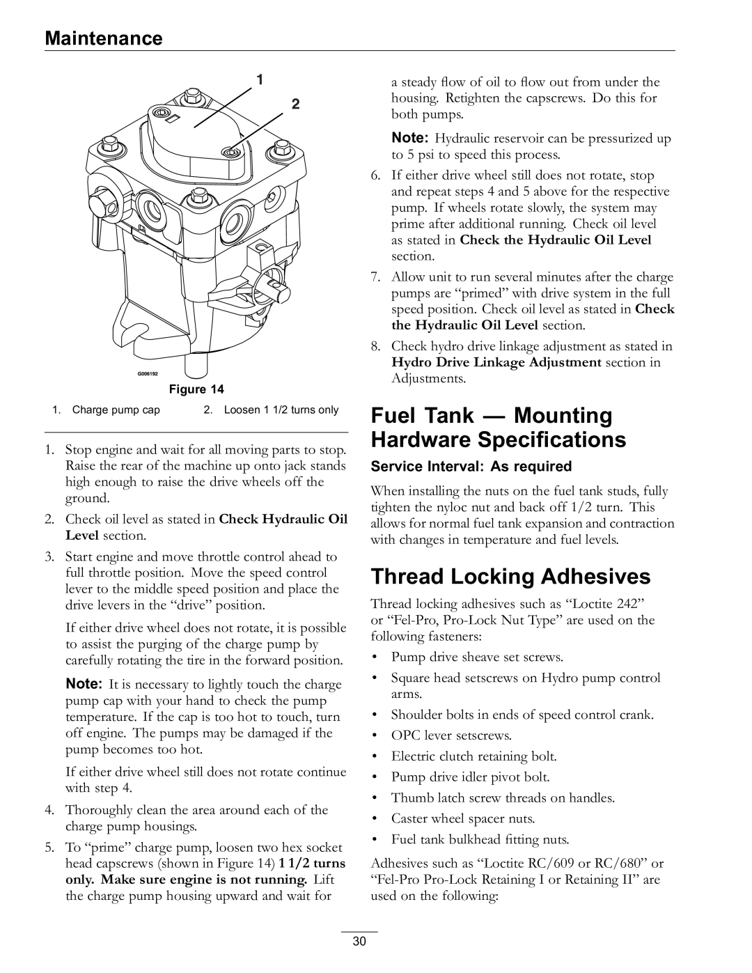 Exmark 4500-528 manual Fuel Tank Mounting Hardware Specifications, Thread Locking Adhesives 