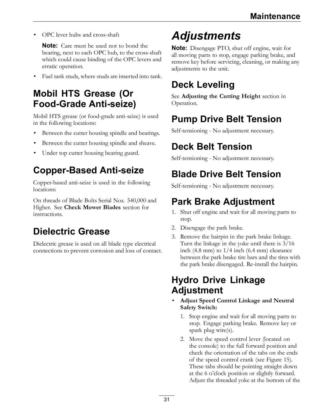 Exmark 4500-528 manual Mobil HTS Grease Or Food-Grade Anti-seize, Deck Leveling, Pump Drive Belt Tension, Deck Belt Tension 