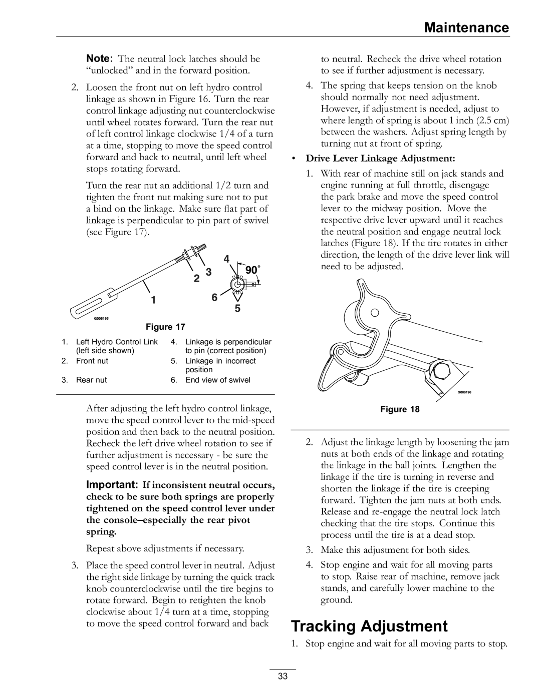 Exmark 4500-528 manual Tracking Adjustment, Drive Lever Linkage Adjustment 