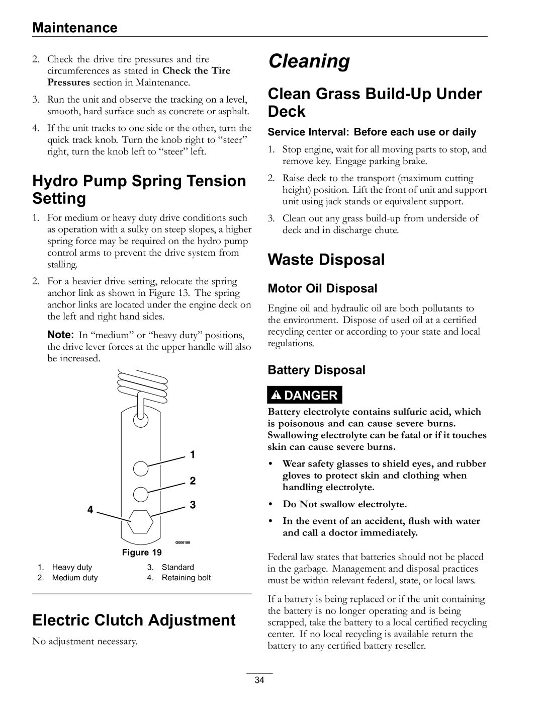 Exmark 4500-528 manual Hydro Pump Spring Tension Setting, Electric Clutch Adjustment, Clean Grass Build-Up Under Deck 