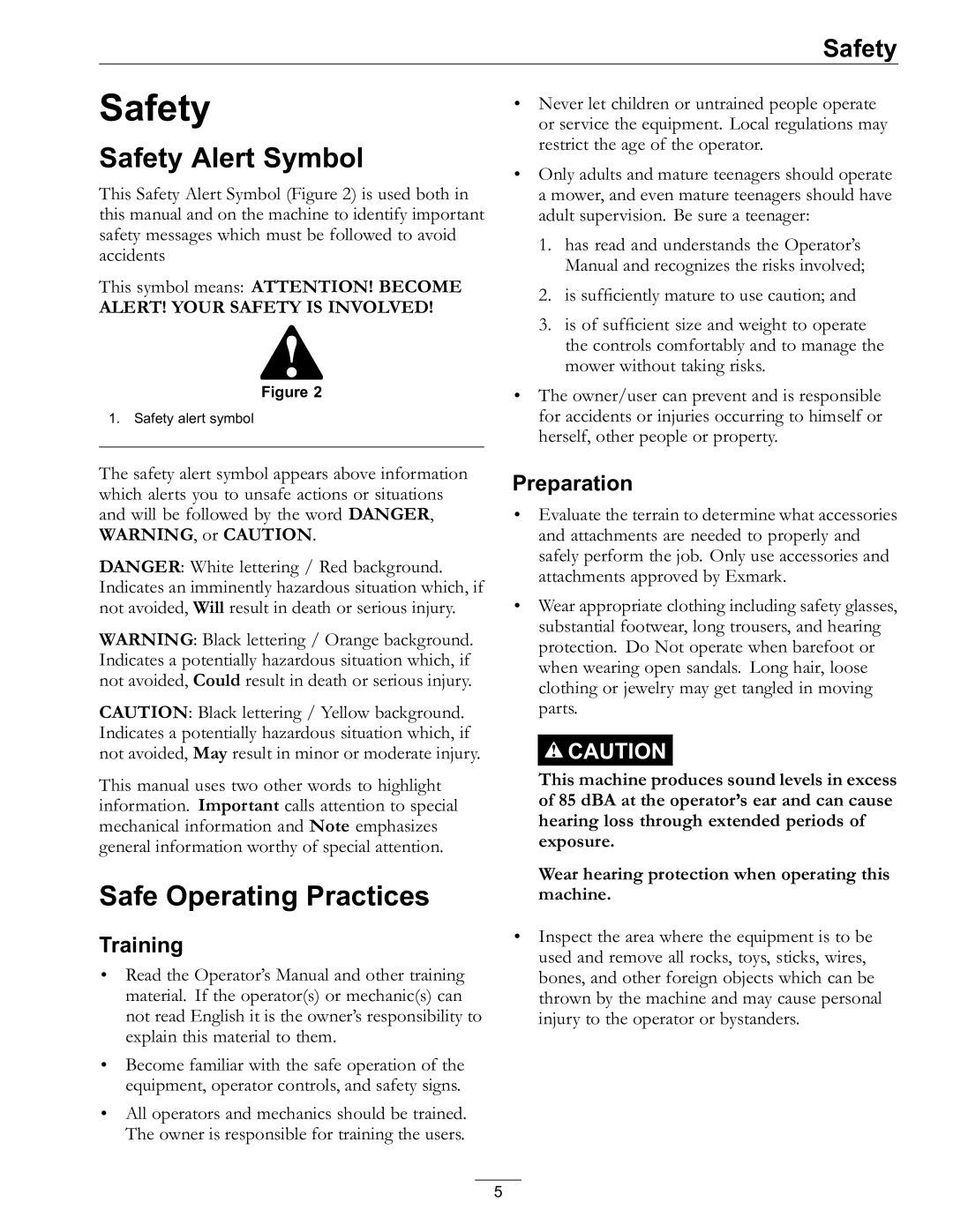 Exmark 4500-528 manual Safety Alert Symbol, Safe Operating Practices, Training, Preparation 