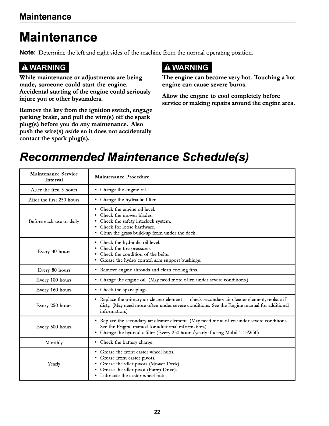 Exmark 4500-528 manual Recommended Maintenance Schedules 