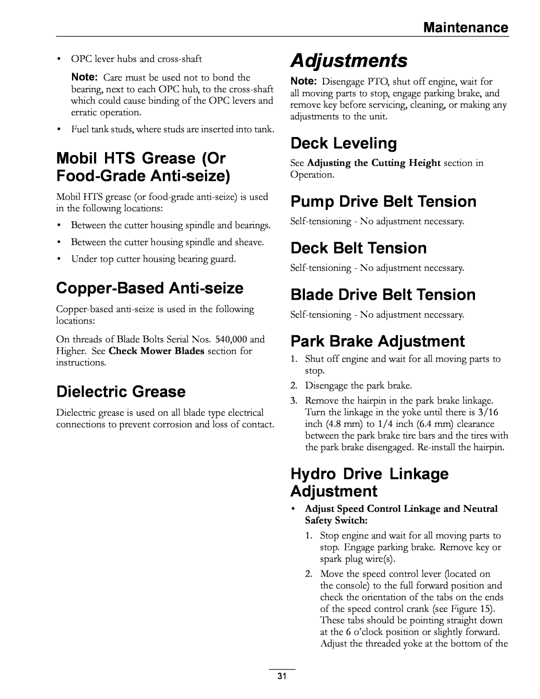 Exmark 4500-528 manual Adjustments, Mobil HTS Grease Or Food-Grade Anti-seize, Deck Leveling, Pump Drive Belt Tension 