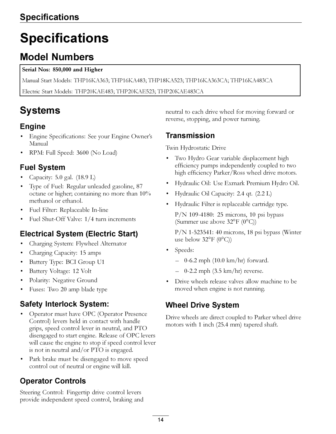 Exmark 4500-540 Rev. B manual Specifications, Model Numbers, Systems 