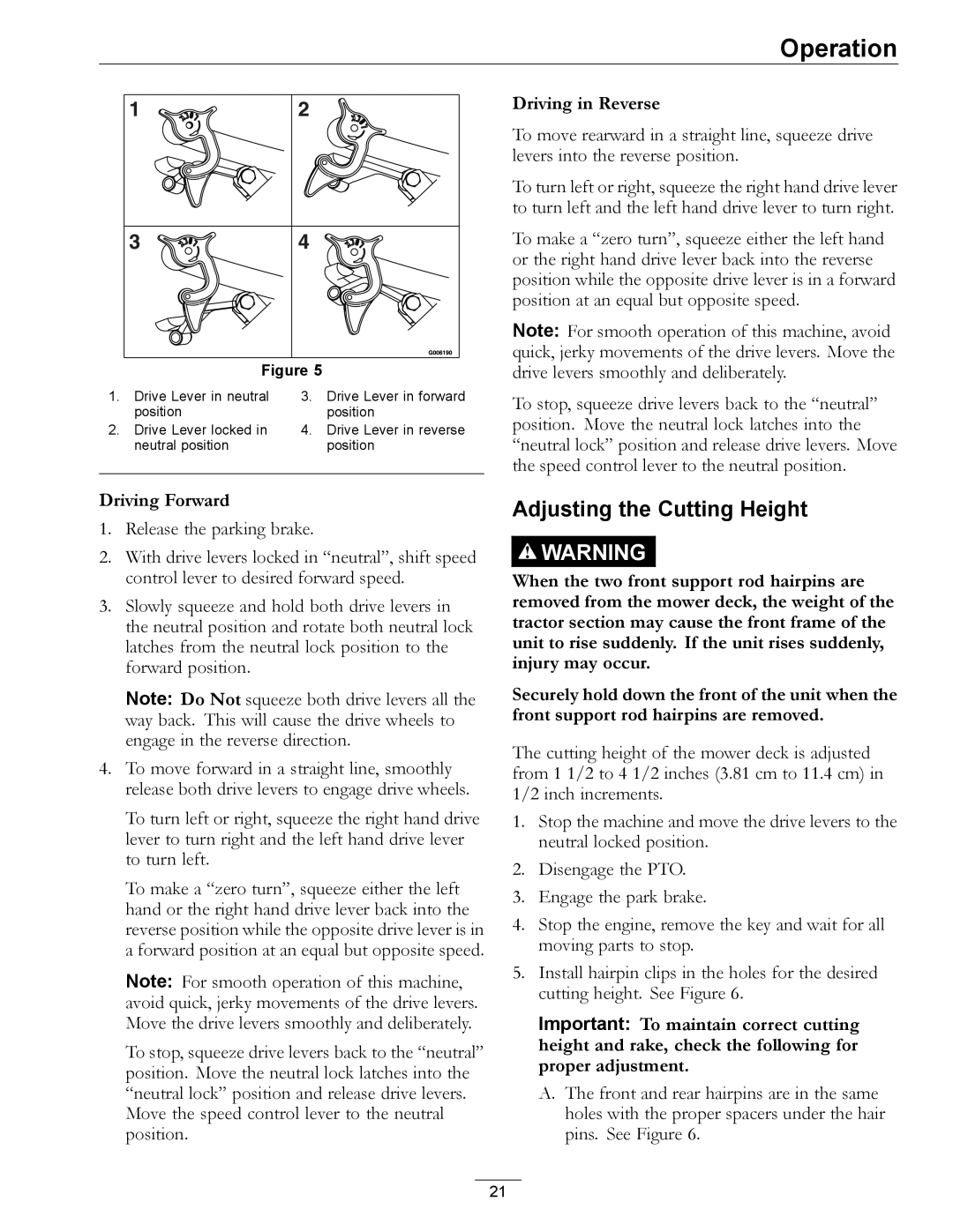 Exmark 4500-540 Rev. B manual Adjusting the Cutting Height, Driving Forward, Driving in Reverse 