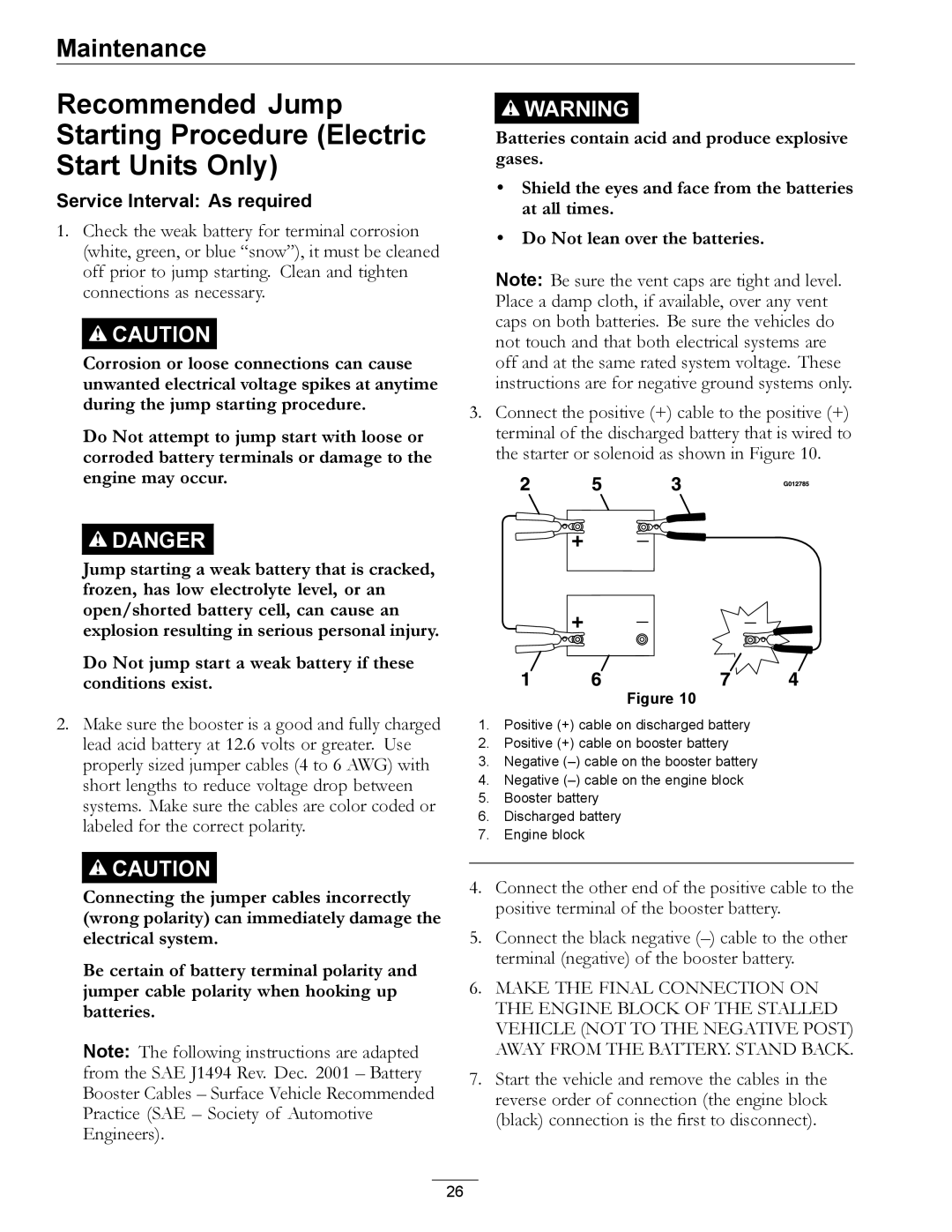 Exmark 4500-540 Rev. B manual Service Interval As required, Do Not jump start a weak battery if these conditions exist 