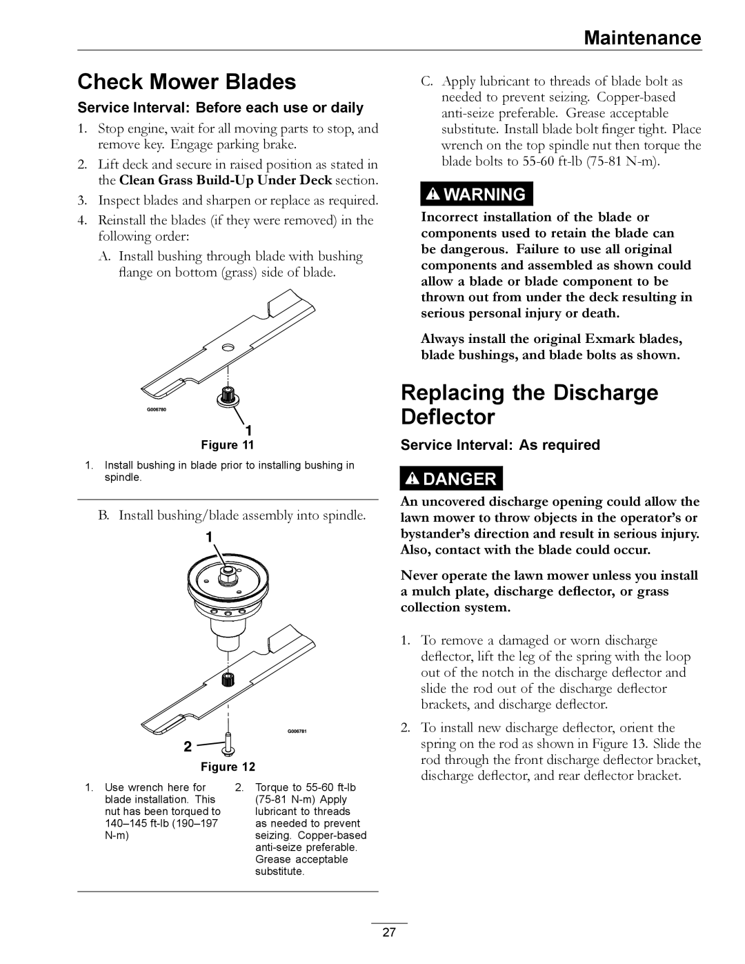 Exmark 4500-540 Rev. B Check Mower Blades, Replacing the Discharge Deflector, Install bushing/blade assembly into spindle 