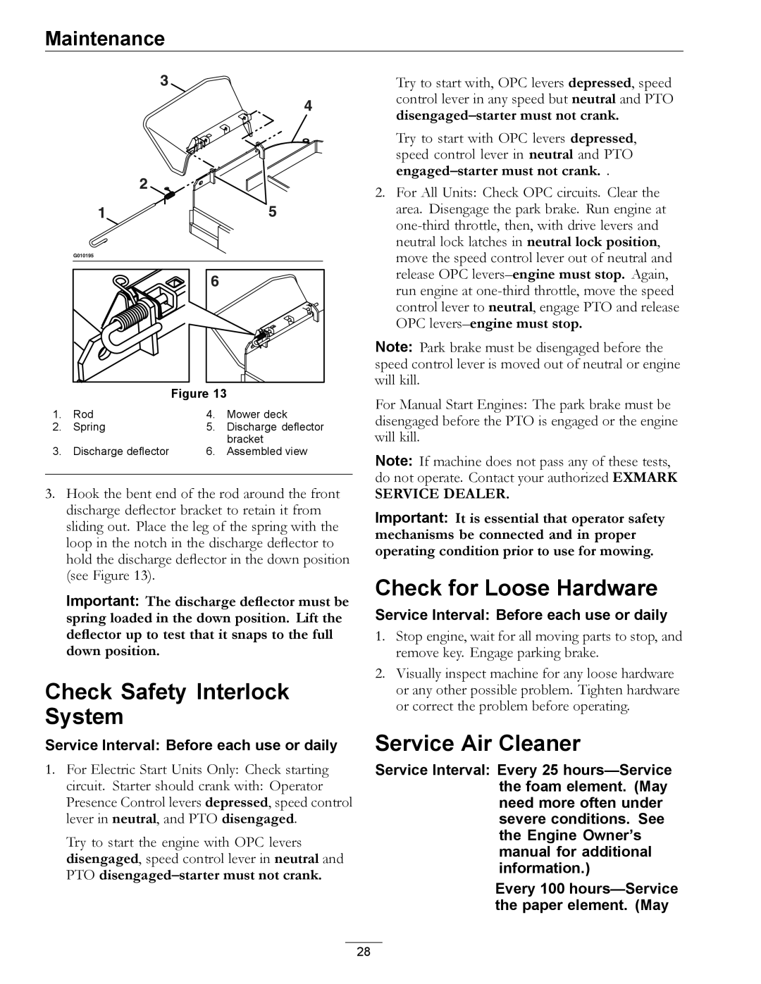 Exmark 4500-540 Rev. B manual Check Safety Interlock System, Check for Loose Hardware, Service Air Cleaner 