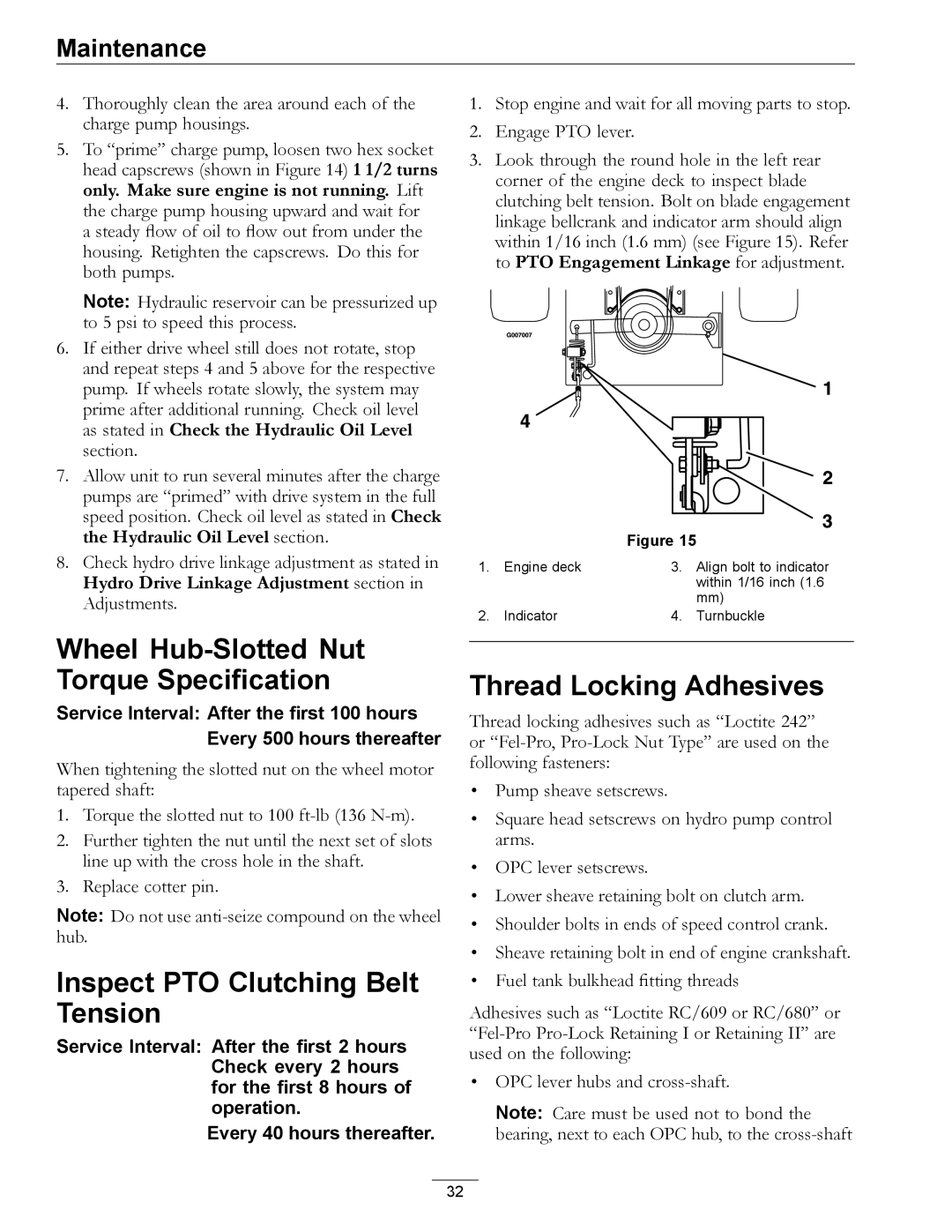 Exmark 4500-540 Rev. B manual Wheel Hub-Slotted Nut Torque Specification, Inspect PTO Clutching Belt Tension 