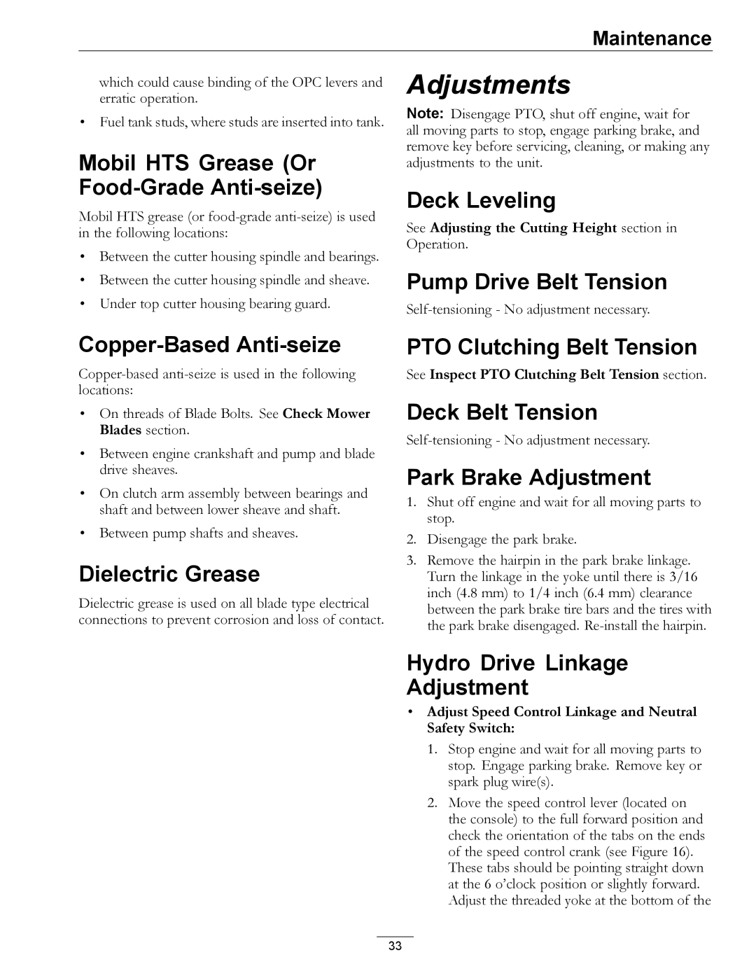 Exmark 4500-540 Rev. B manual Mobil HTS Grease Or Food-Grade Anti-seize, Deck Leveling, Pump Drive Belt Tension 