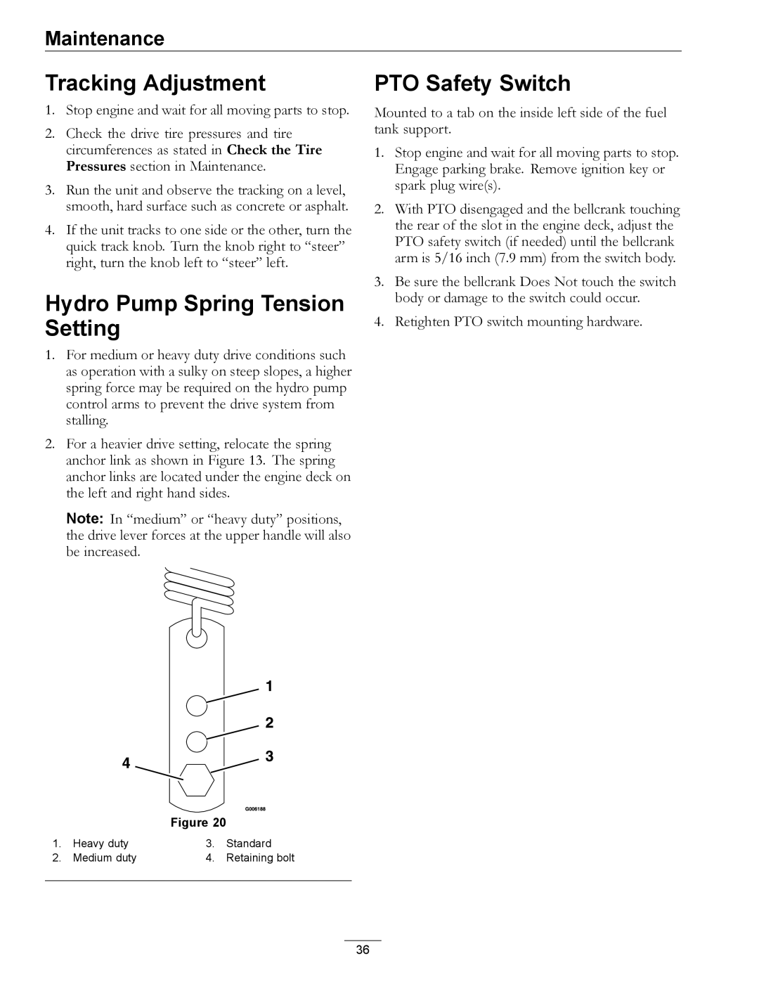 Exmark 4500-540 Rev. B manual Tracking Adjustment, Hydro Pump Spring Tension Setting, PTO Safety Switch 