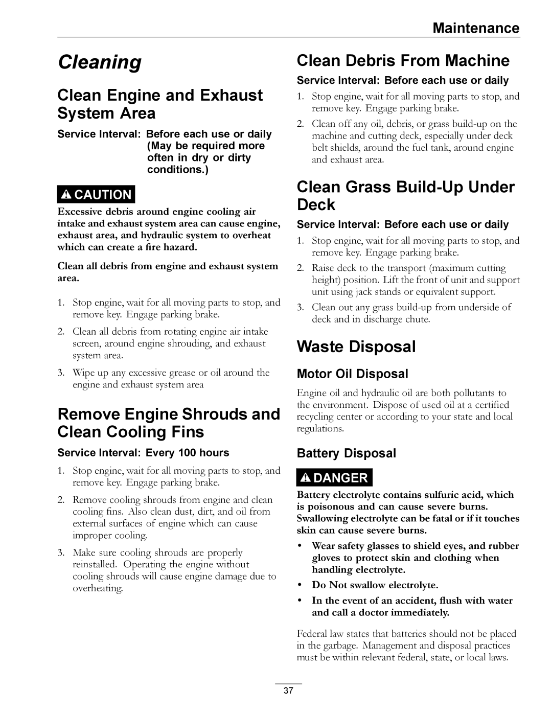 Exmark 4500-540 Rev. B Clean Engine and Exhaust System Area, Remove Engine Shrouds and Clean Cooling Fins, Waste Disposal 