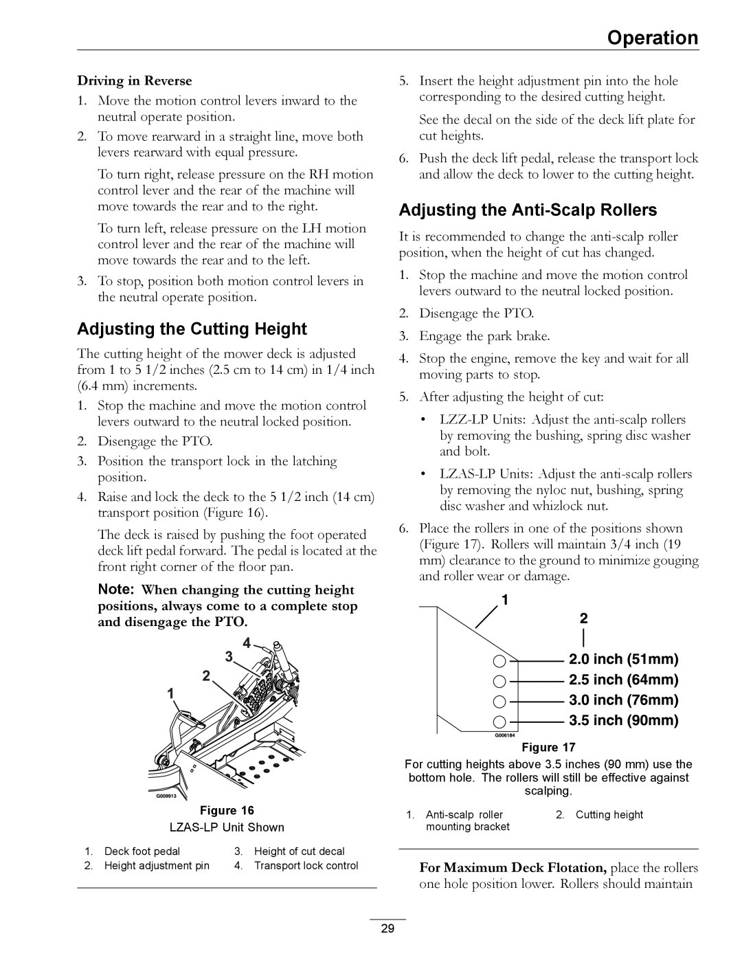 Exmark 4500-645 manual Adjusting the Cutting Height, Adjusting the Anti-Scalp Rollers, Driving in Reverse 