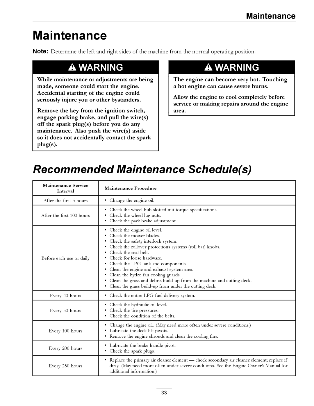 Exmark 4500-645 manual Recommended Maintenance Schedules 