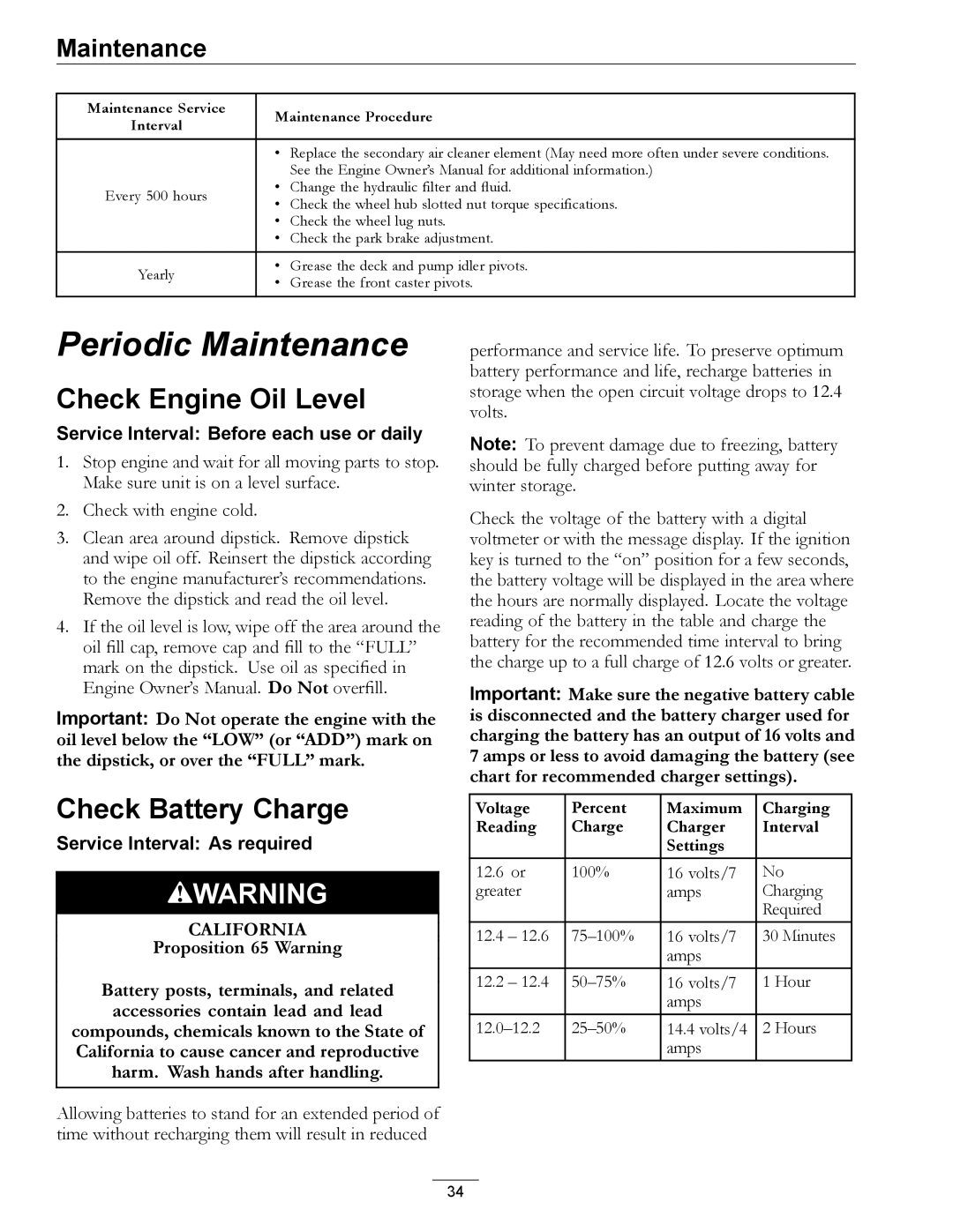 Exmark 4500-645 manual Check Engine Oil Level, Check Battery Charge, Proposition 65 Warning 