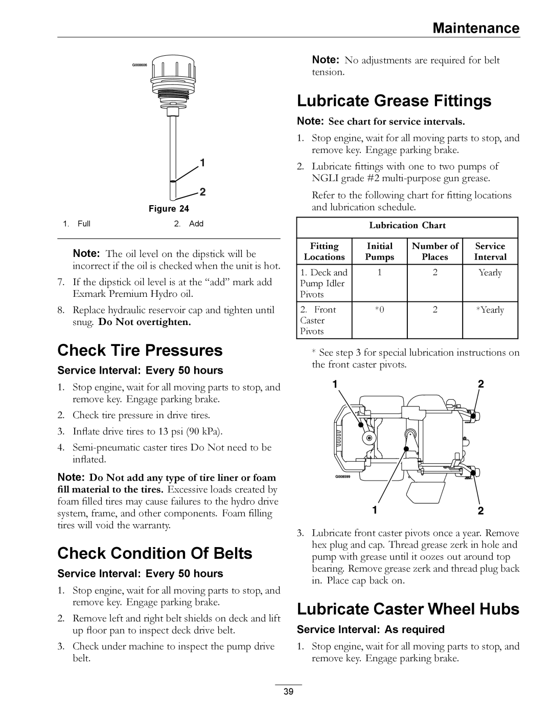 Exmark 4500-645 Check Tire Pressures, Check Condition Of Belts, Lubricate Grease Fittings, Lubricate Caster Wheel Hubs 