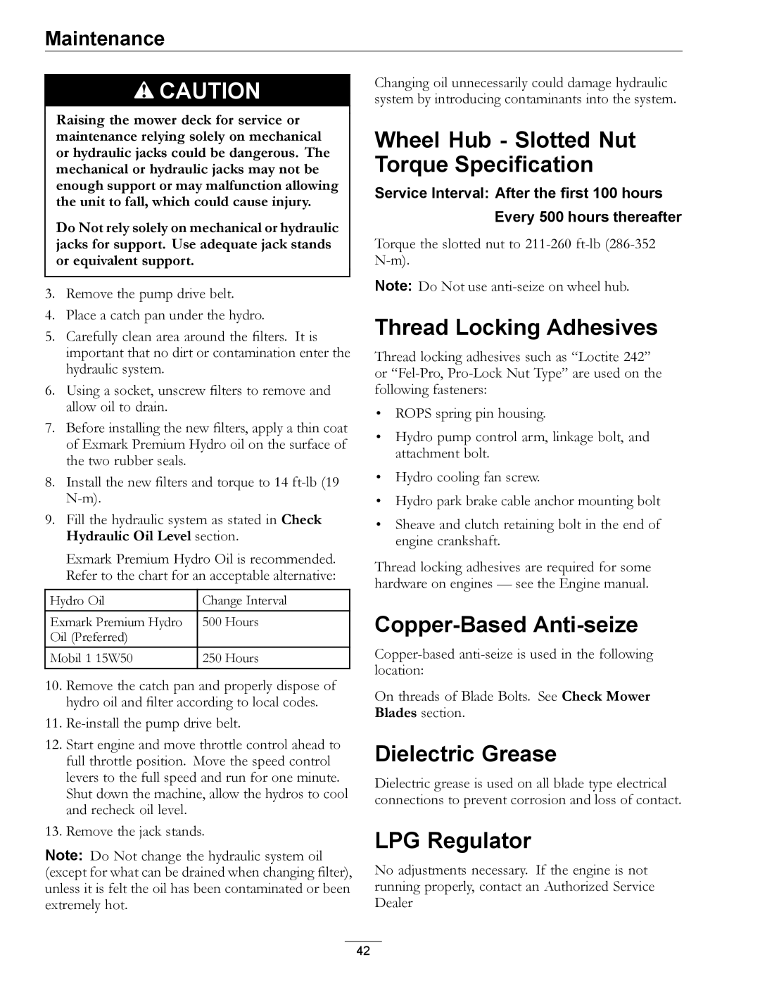 Exmark 4500-645 manual Wheel Hub Slotted Nut Torque Specification, Thread Locking Adhesives, Copper-Based Anti-seize 