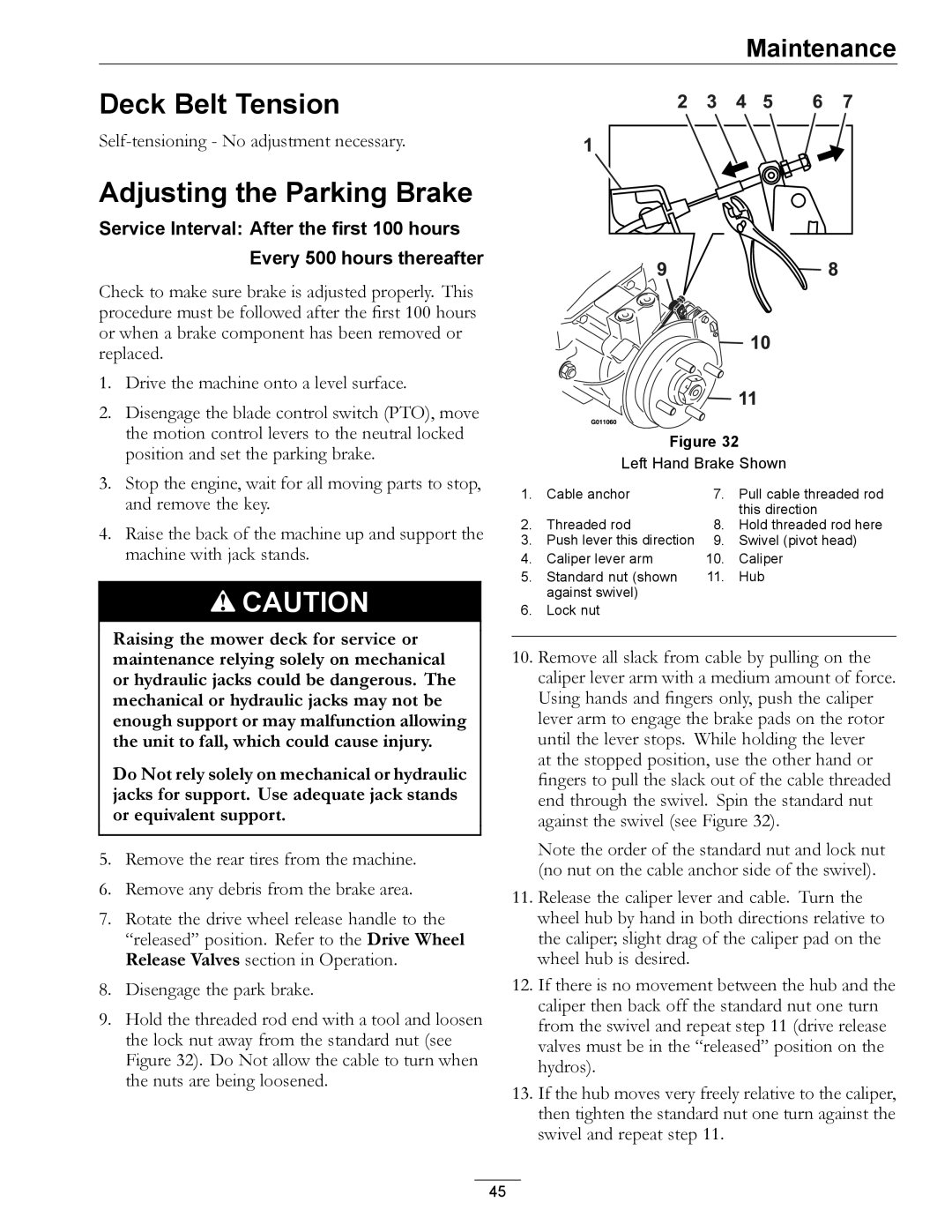 Exmark 4500-645 manual Deck Belt Tension, Adjusting the Parking Brake 