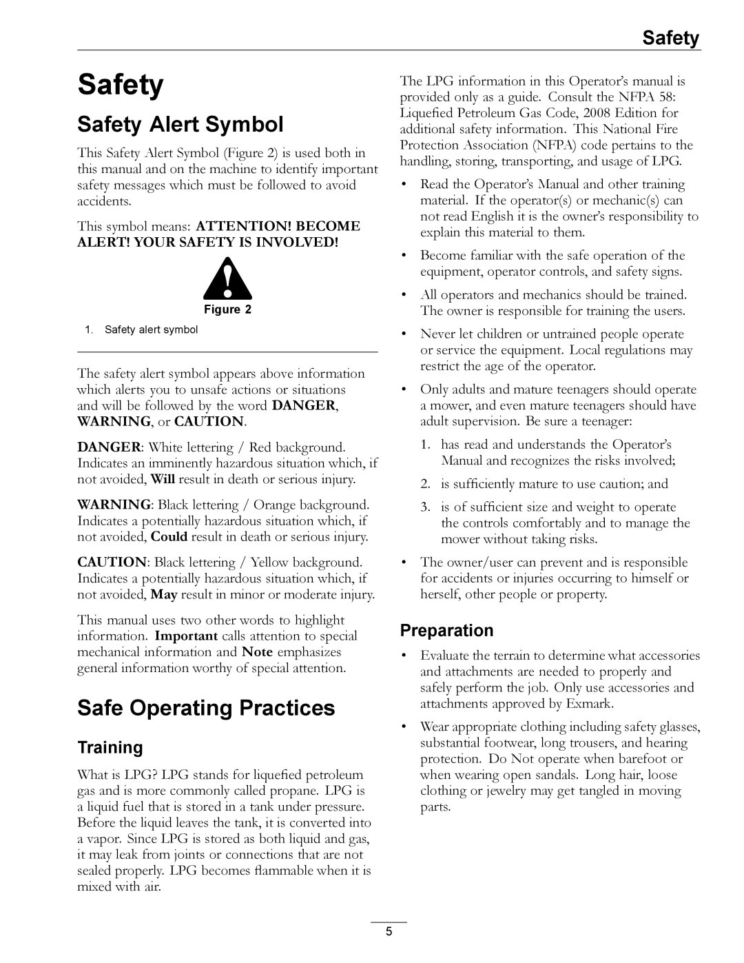 Exmark 4500-645 manual Safety Alert Symbol, Safe Operating Practices, Training, Preparation 