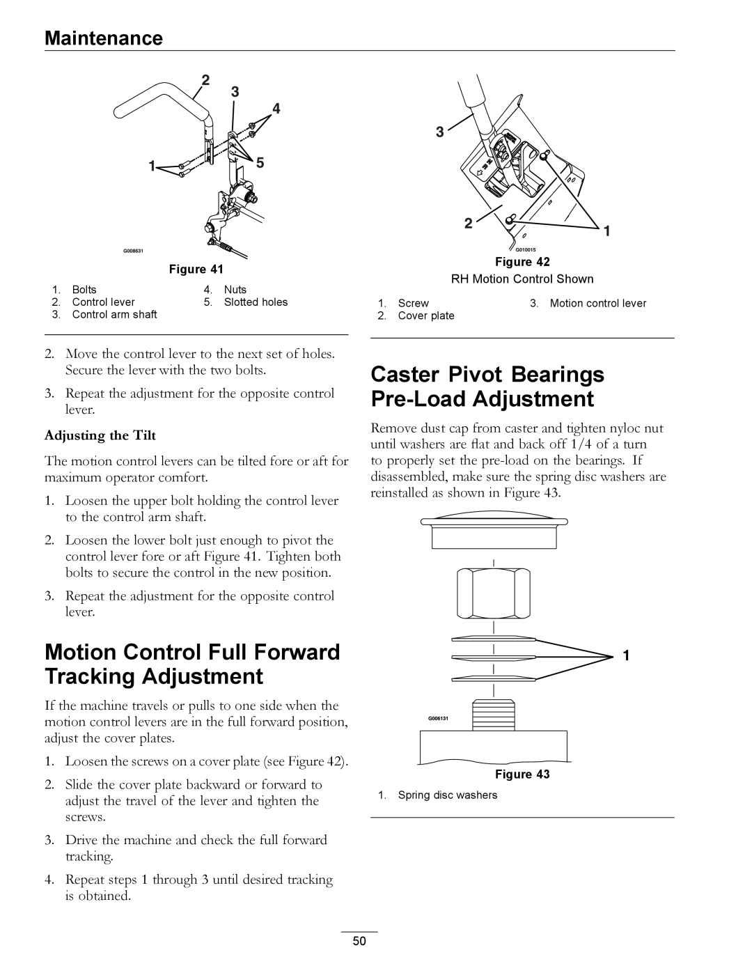 Exmark 4500-645 manual Caster Pivot Bearings Pre-Load Adjustment, Adjusting the Tilt 