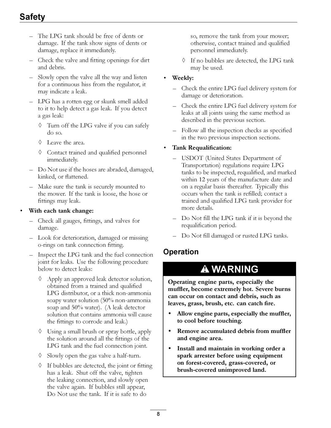 Exmark 4500-645 manual Operation, With each tank change, Weekly, Tank Requalification 