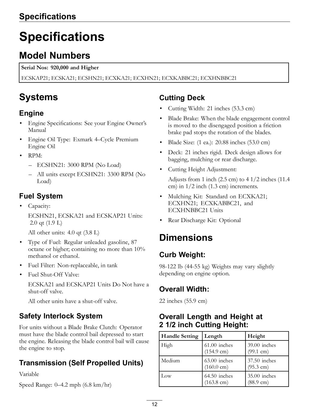 Exmark 4500-686 Rev. B manual Specifications, Model Numbers, Systems, Dimensions 