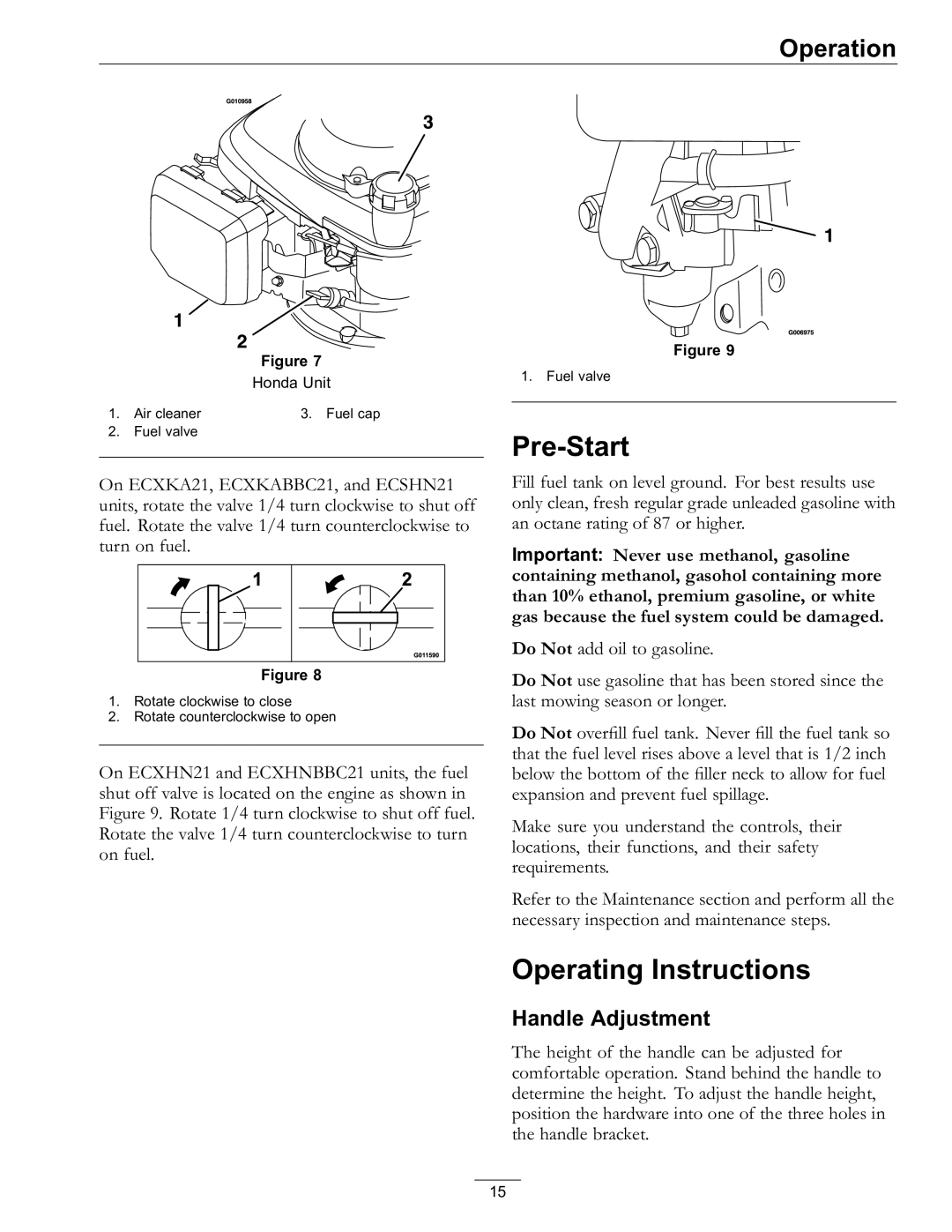 Exmark 4500-686 Rev. B manual Pre-Start, Operating Instructions, Handle Adjustment 