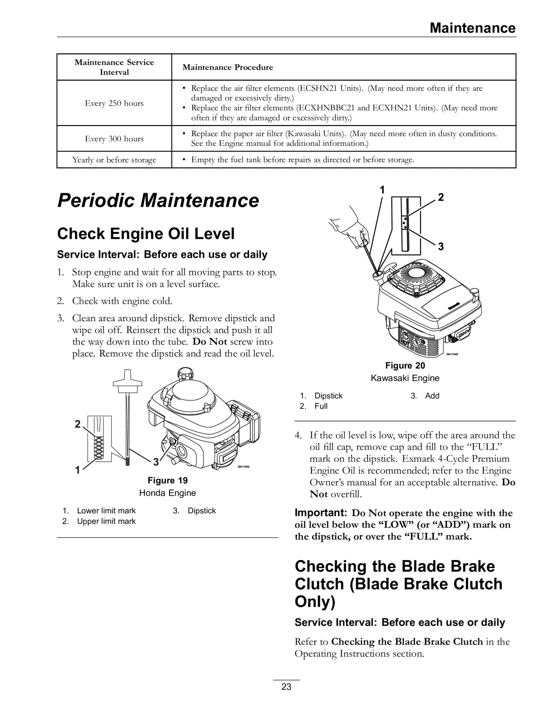 Exmark 4500-686 Rev. B manual Check Engine Oil Level, Checking the Blade Brake Clutch Blade Brake Clutch Only 