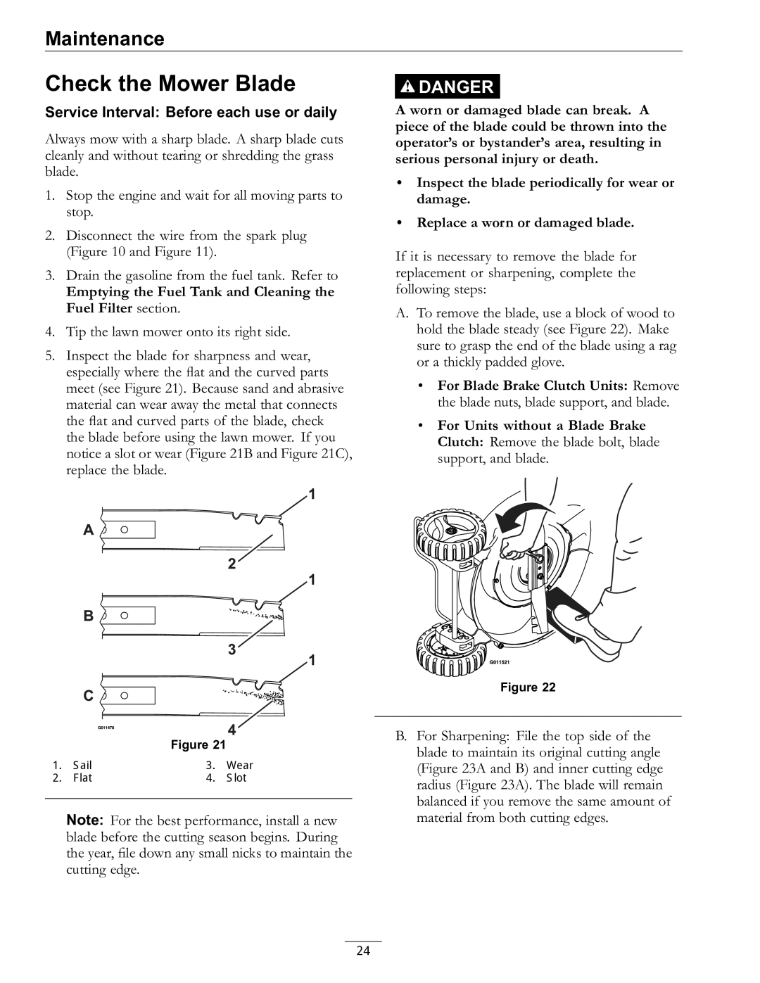 Exmark 4500-686 Rev. B manual Check the Mower Blade, Emptying the Fuel Tank and Cleaning the Fuel Filter section 