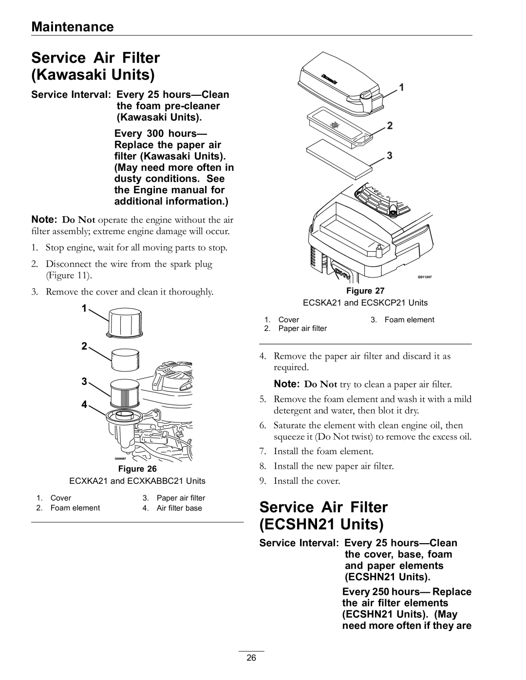 Exmark 4500-686 Rev. B manual Service Air Filter Kawasaki Units, Service Air Filter ECSHN21 Units 