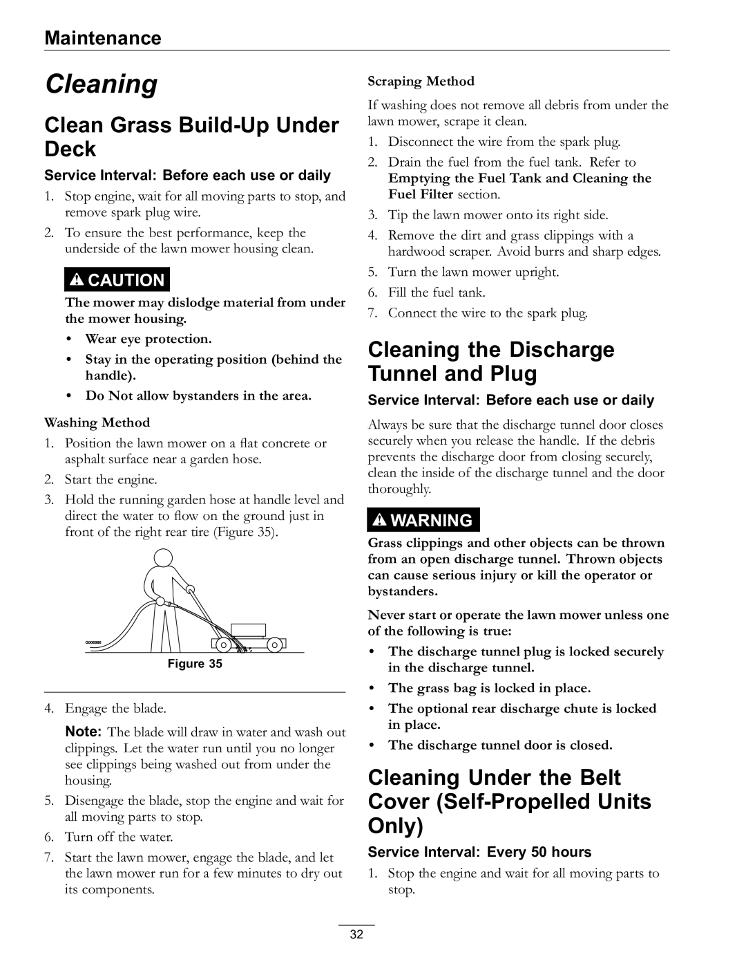 Exmark 4500-686 Rev. B manual Clean Grass Build-Up Under Deck, Cleaning the Discharge Tunnel and Plug 