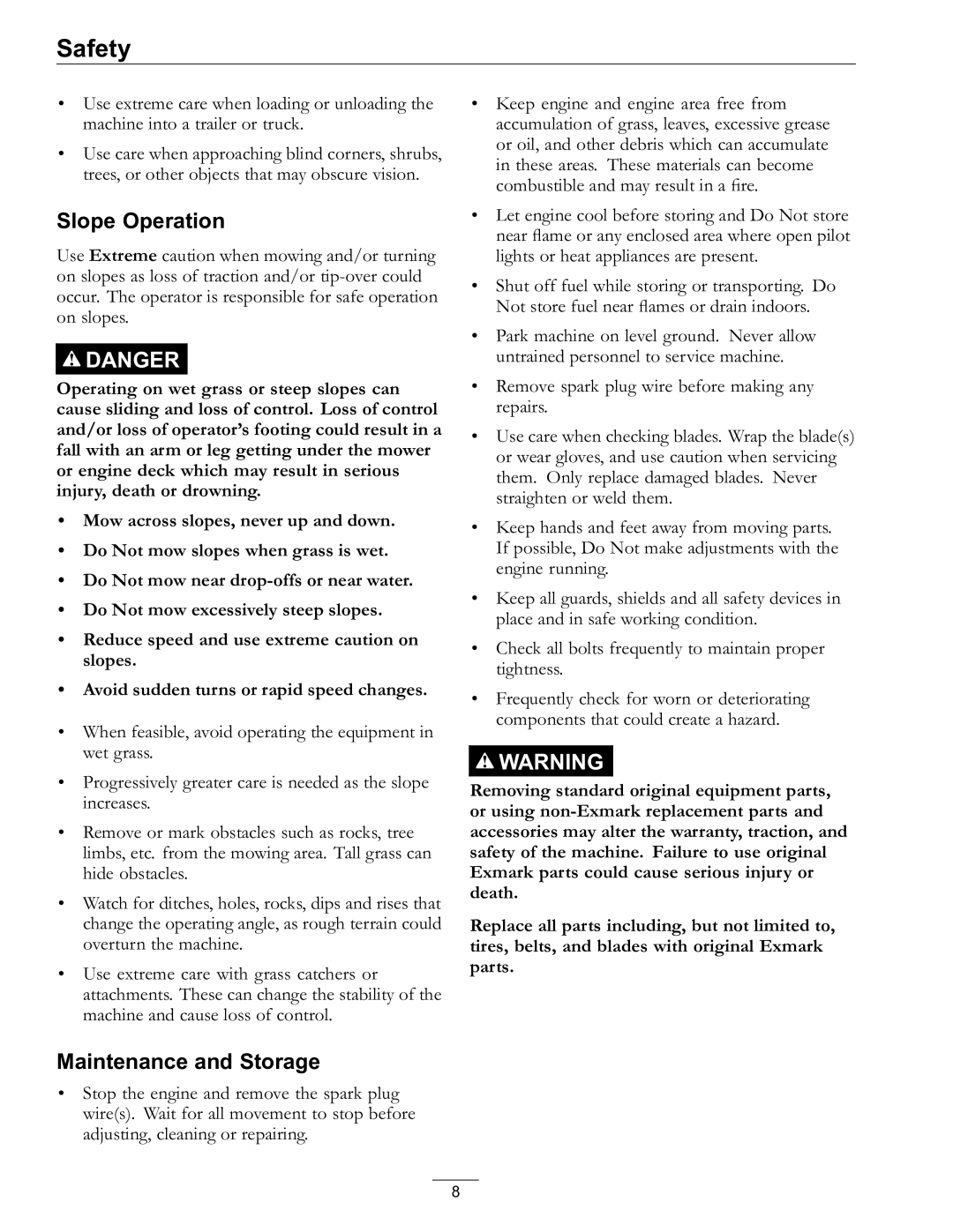 Exmark 4500-686 Rev. B manual Slope Operation, Maintenance and Storage 