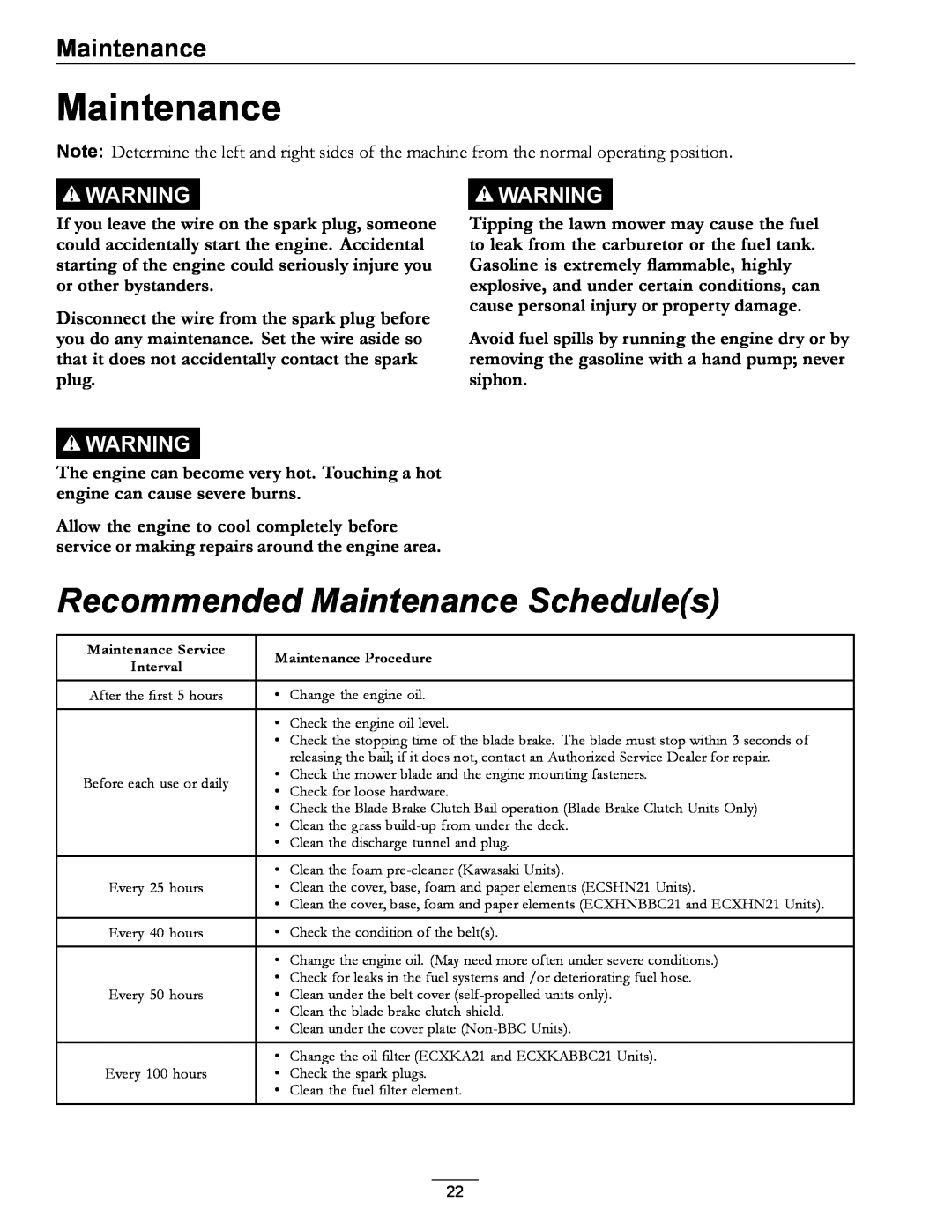 Exmark 4500-686 Rev. B manual Recommended Maintenance Schedules 