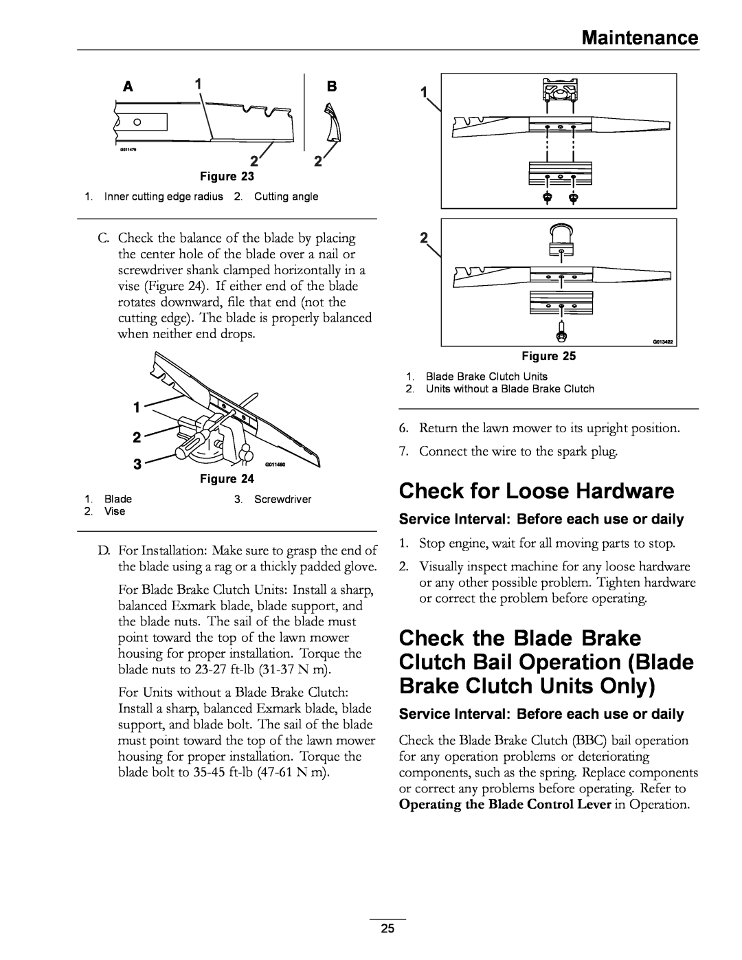 Exmark 4500-686 Rev. B manual Check for Loose Hardware, Check the Blade Brake Clutch Bail Operation Blade, Maintenance 
