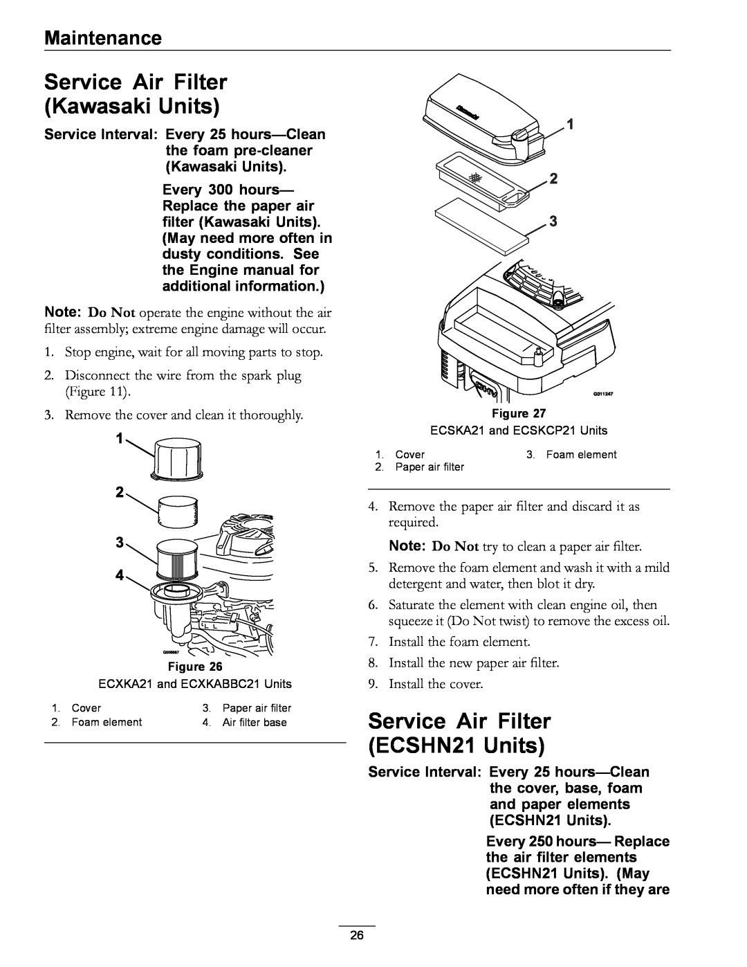 Exmark 4500-686 Rev. B manual Service Air Filter Kawasaki Units, Service Air Filter ECSHN21 Units, Maintenance 