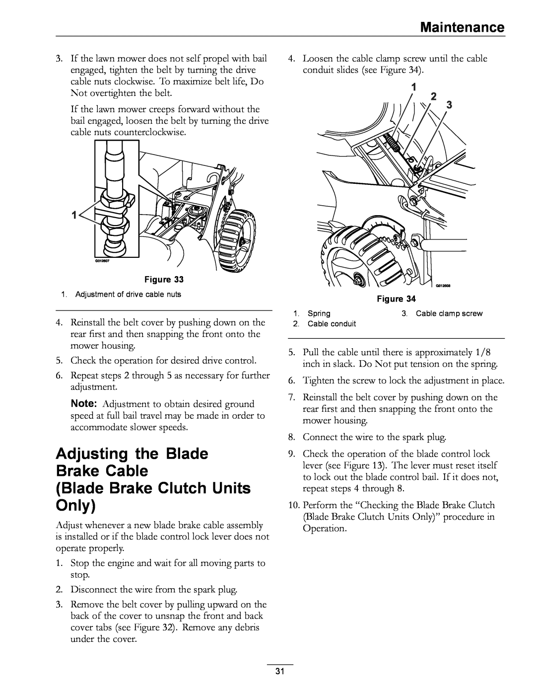 Exmark 4500-686 Rev. B manual Adjusting the Blade Brake Cable, Blade Brake Clutch Units Only, Maintenance 