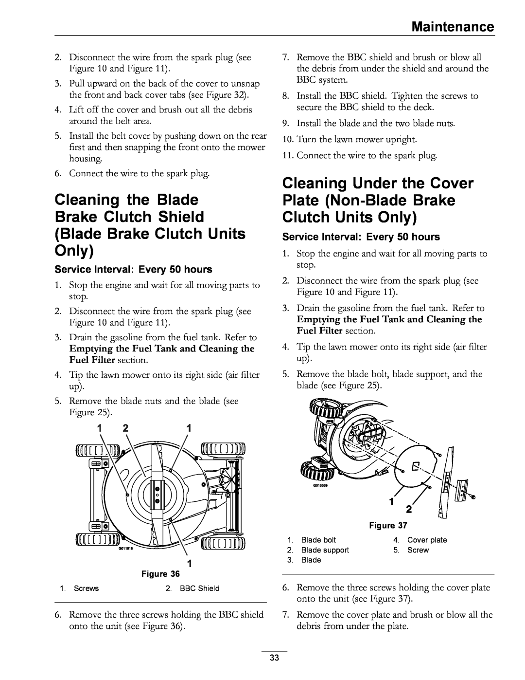 Exmark 4500-686 Rev. B Cleaning the Blade Brake Clutch Shield, Cleaning Under the Cover Plate Non-BladeBrake, Maintenance 
