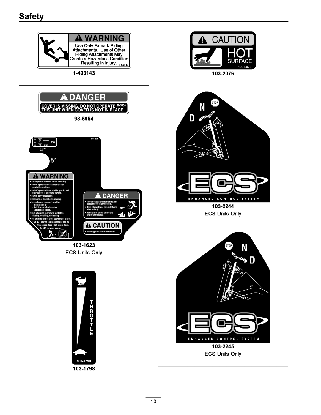 Exmark 4500-689 manual Safety, 1-403143 98-5954 103-1623, 103-1798, 103-2076 103-2244, 103-2245 