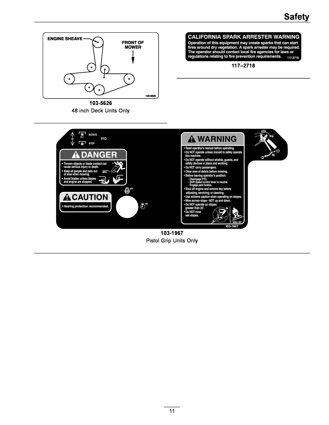 Exmark 4500-689 manual Safety, 117-2718 103-5626, inch Deck Units Only, 103-1967, Pistol Grip Units Only 