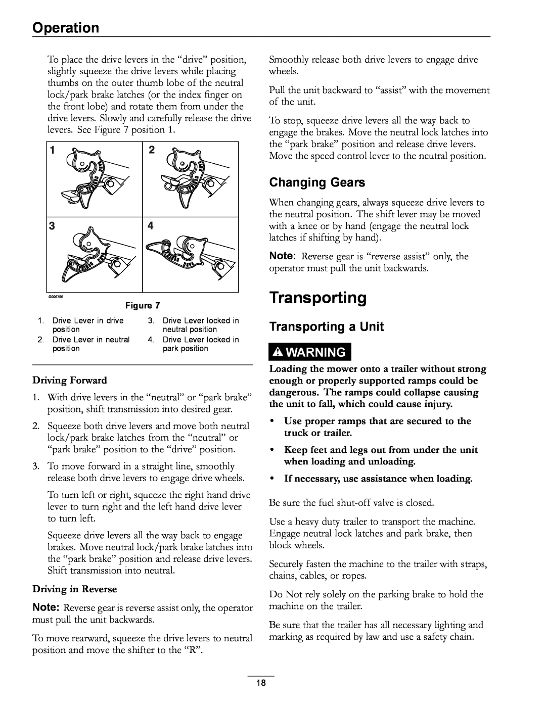 Exmark 4500-689 manual Changing Gears, Transporting a Unit, Driving Forward, Driving in Reverse, Operation 