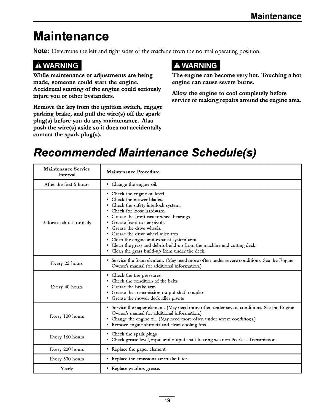 Exmark 4500-689 manual Recommended Maintenance Schedules 