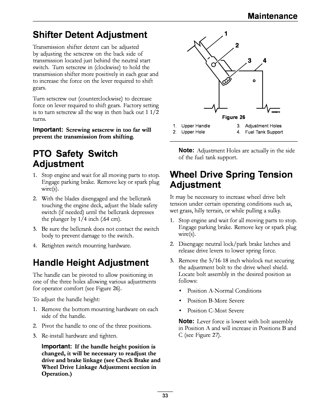 Exmark 4500-689 manual Shifter Detent Adjustment, PTO Safety Switch Adjustment, Handle Height Adjustment, Maintenance 