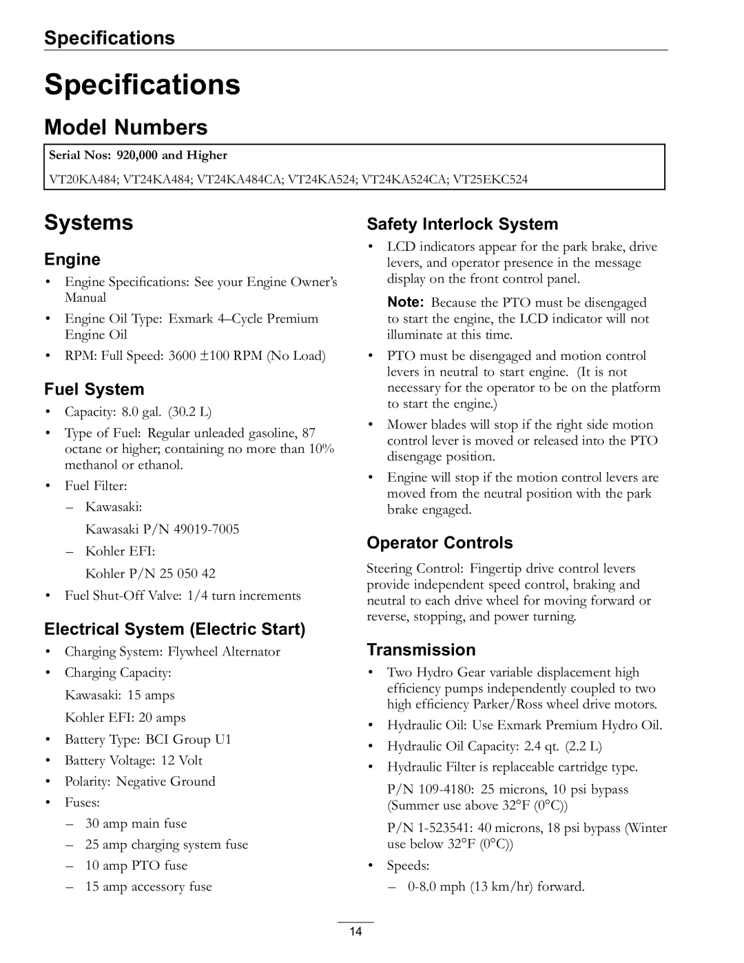 Exmark 4500-759 Rev A manual Specifications, Model Numbers, Systems 